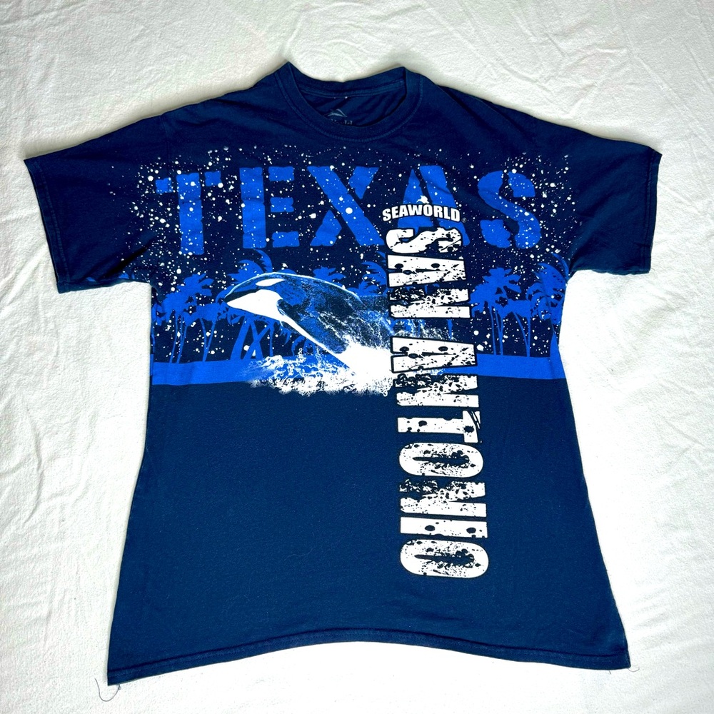 Seaworld San Antonio, TX All‎ Over Print Orca Splatter Navy T Shirt Mens Size L